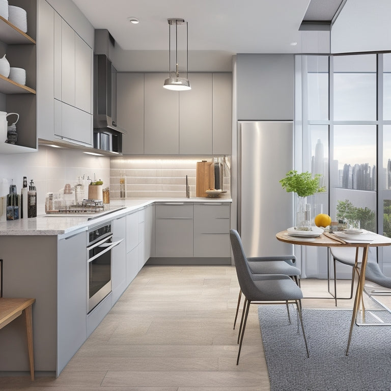 An image of a modern, sleek condo kitchen with a galley layout, featuring a compact island with a built-in sink, a wall-mounted foldable table, and a floor-to-ceiling storage unit with retractable ladder.