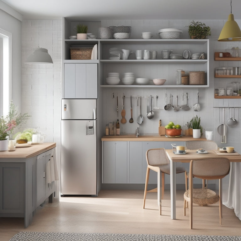 A tidy, L-shaped kitchen with a wall-mounted fold-down table, a compact refrigerator, and a pegboard with hanging utensils, set against a calming light gray background with warm wood accents.