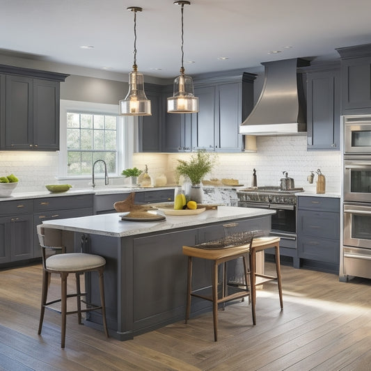 A sleek, modern kitchen with warm lighting, featuring a large, central island with built-in drawers, a farmhouse sink, and a butcher-block countertop, surrounded by matching, floor-to-ceiling cabinetry.