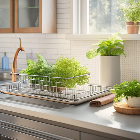 A sleek, modern expandable dish rack sits on a sunny kitchen countertop, showcasing its shiny anti-rust coating. Clean dishes glisten, while fresh herbs in a small pot add a touch of greenery nearby.