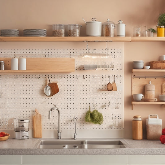 A clutter-free, minimalist kitchen with a compact island, a pegboard on the wall with hanging utensils, a tiered spice rack, and a sink with a built-in cutting board and retractable faucet.