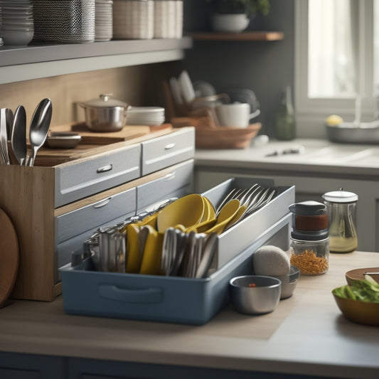 A tidy kitchen drawer with dividers, utensils arranged by type, and a stack of plates in the back, with a subtle background of a kitchen countertop and a few blurred kitchen items.