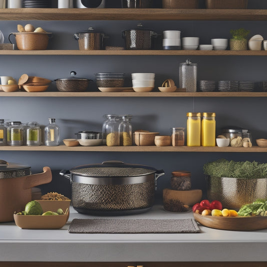 A beautifully organized kitchen featuring a sleek, modern Lazy Susan cabinet, filled with vibrant spices, neatly arranged cookware, and colorful dishes, all set against warm wood tones and soft, natural lighting.