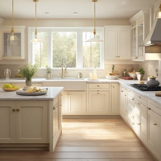An image of a bright, open-plan kitchen with a U-shaped counter, wide aisles, and a sink with a single-handle faucet, surrounded by warm beige cabinets and soft natural light.