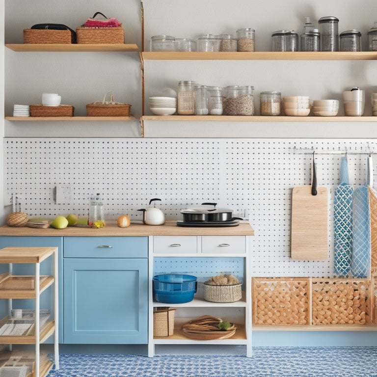 A tidy kitchen with a mix of open and closed storage solutions: a utensil organizer on the counter, a pegboard on the wall, a pull-out pantry, and a minimalist shelving unit with baskets.