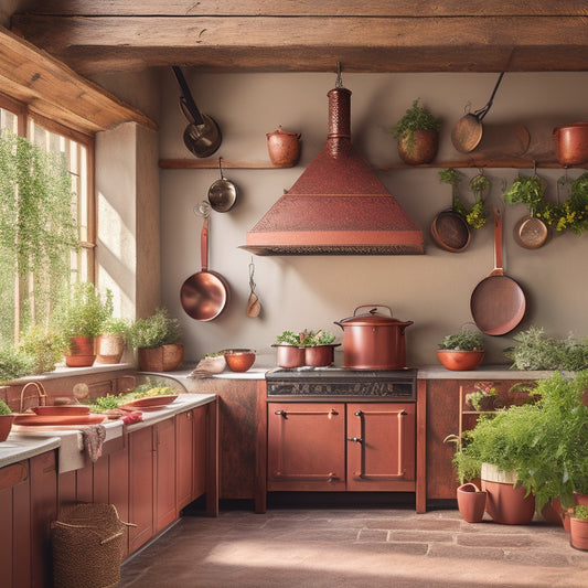 A rustic farmhouse kitchen featuring a wooden ceiling with a wrought-iron hanging pot rack, adorned with vibrant copper pots and pans, surrounded by fresh herbs in terracotta pots and warm, natural light streaming in.