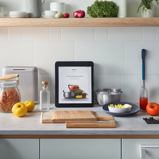 A minimalist kitchen with a tablet and smartphone on the counter, surrounded by neatly organized utensils, ingredients, and cookbooks, with a digital inventory list open on the tablet's screen.