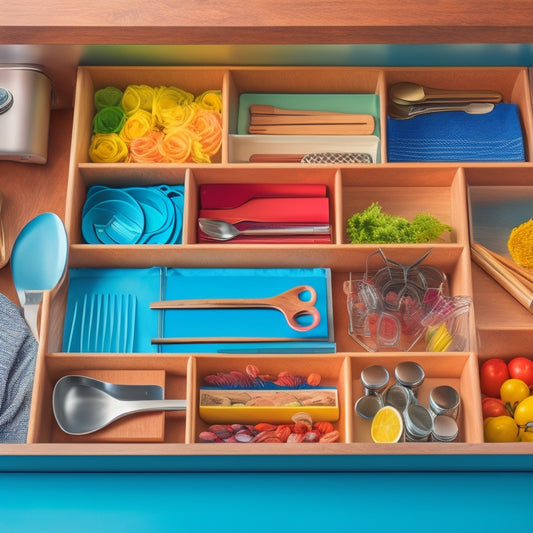 A vibrant kitchen drawer overflowing with neatly arranged organizers, showcasing various compartments filled with utensils, spices, and gadgets, highlighting optimal space utilization, all set against a bright, modern kitchen backdrop.