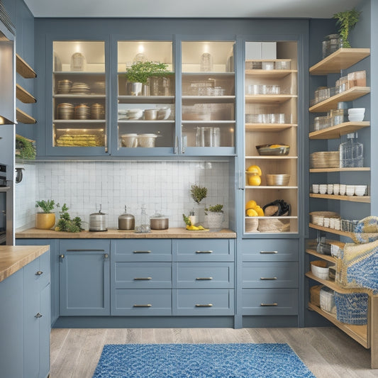 A modern kitchen with organized cabinets, vertical storage racks, labeled jars, a pull-out pantry, and a compact dining nook, showcasing efficient use of space and clever storage solutions with warm, inviting colors.