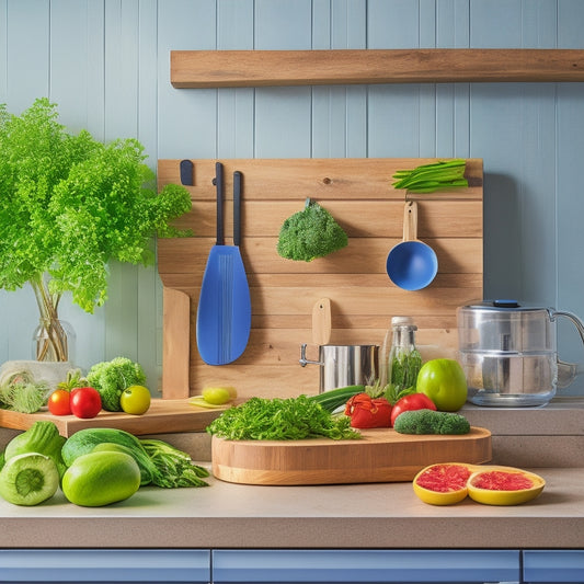 A sleek, modern kitchen featuring a stylish over-the-door cutting board organizer, with various wooden and bamboo boards neatly arranged, surrounded by fresh herbs and vibrant vegetables, creating an inviting culinary atmosphere.