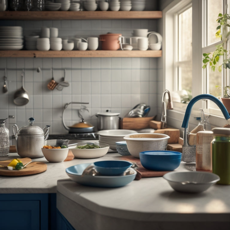 A cluttered tiny kitchen with stacks of dirty dishes, crammed countertops, and a messy backsplash, contrasted with a clean and minimalist version of the same kitchen in the background.