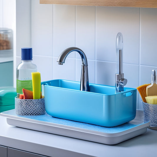 A sleek kitchen sink scene featuring a stylish, easy-installation sink caddy with compartments for sponges and brushes, surrounded by vibrant dish soap bottles and a splash of water, emphasizing convenience and modern design.