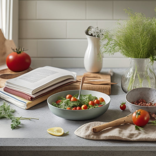 A clutter-free kitchen counter with a few strategically placed utensils, a mixing bowl, and a cookbook open to a recipe, surrounded by a subtle background of fresh herbs and a few ripe tomatoes.