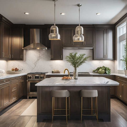 A sleek luxury kitchen featuring elegant under-cabinet lighting illuminating polished marble countertops, modern stainless steel appliances, and rich wooden cabinetry. Soft, warm light creates a cozy ambiance, highlighting exquisite details and textures.