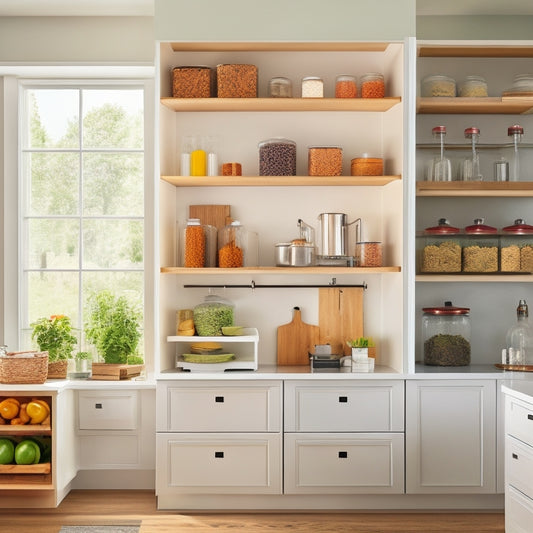 A modern kitchen scene showcasing sleek cabinet organizers: pull-out shelves, tiered spice racks, and labeled bins, all in a bright, airy space with natural light filtering through a window, highlighting organization and accessibility.