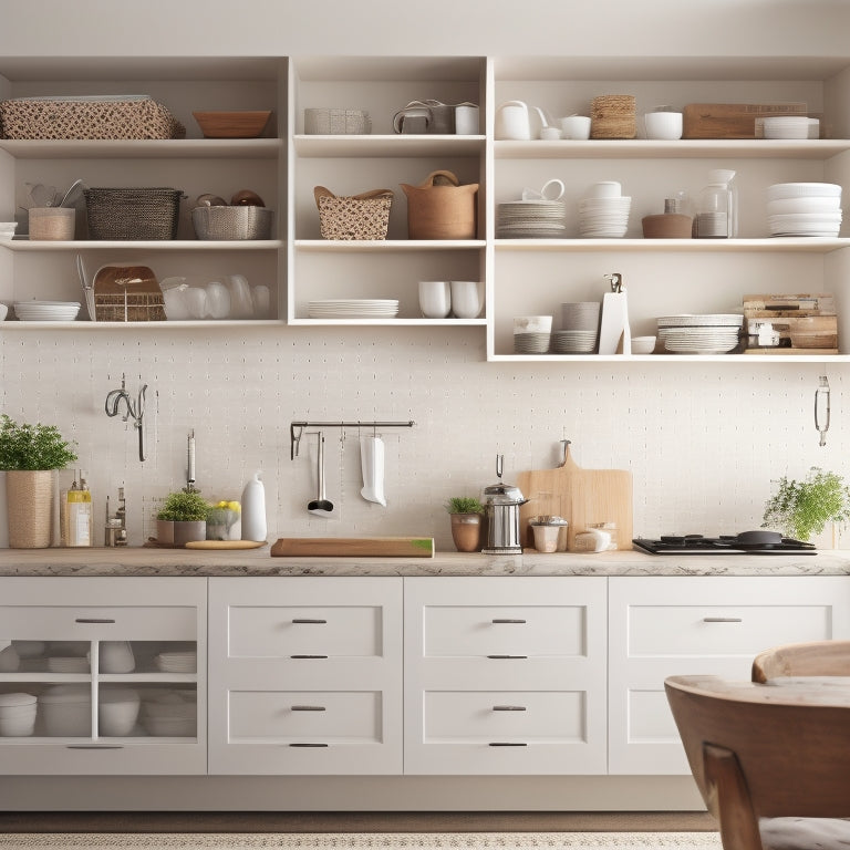 A modern kitchen with a mix of open shelving, cabinets, and drawers in a calming white and wood tone color scheme, showcasing clever storage solutions like a pegboard and utensil organizers.