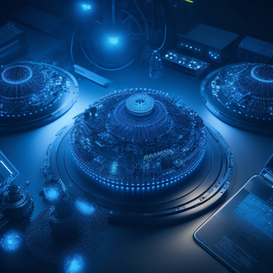 A futuristic, glowing hub with interconnected gears, circuits, and lightbulbs, surrounded by orbiting laptops, tablets, and smartphones, set against a dark blue background with subtle, shimmering starlight.