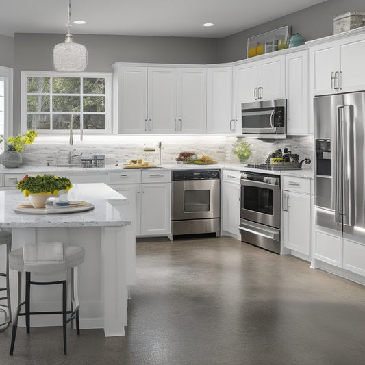 A modern kitchen with sleek white cabinets, stainless steel appliances, and a large center island, featuring a 3D design layout on a tablet, surrounded by design books and kitchen utensils.