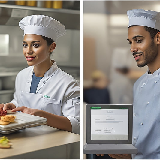A split-screen image featuring a confident student in a commercial kitchen, wearing a chef's hat and holding a tablet, alongside a digital certificate on a screen with a green checkmark and a chef's hat icon.