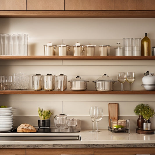 A modern kitchen showcasing pull-out cabinet shelves, elegantly organized with neatly stacked dishes, a sleek dish drainer, and sparkling glassware, all against a backdrop of warm wood tones and soft, ambient lighting.