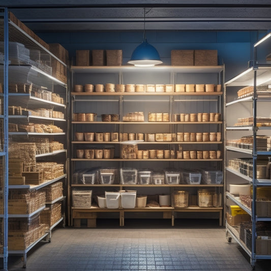 A clutter-free restaurant stockroom with organized shelves, labeled bins, and a few neatly arranged crates, illuminated by a single bright light source, with a subtle blurred background of a bustling kitchen.