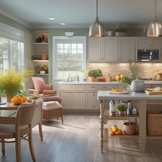 An illustration of a senior-friendly kitchen featuring a wheelchair-accessible island, lever-handled faucets, and adaptive utensils, with warm lighting and a calm color scheme, showcasing ease of use and comfort.