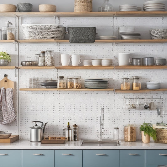 A tidy kitchen with a mix of open and closed storage solutions: a utensil organizer on the counter, a pegboard on the wall, a pull-out pantry, and a minimalist shelving unit with baskets.
