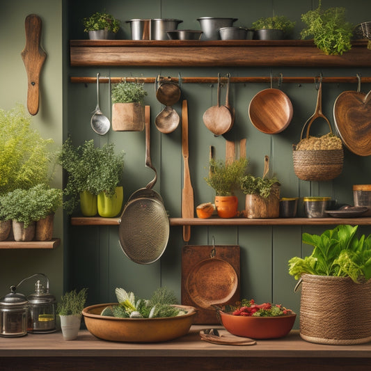 A rustic kitchen wall featuring elegant wooden racks adorned with an array of gleaming metal hooks, displaying colorful utensils like spatulas, ladles, and whisks, surrounded by potted herbs and warm, inviting lighting.