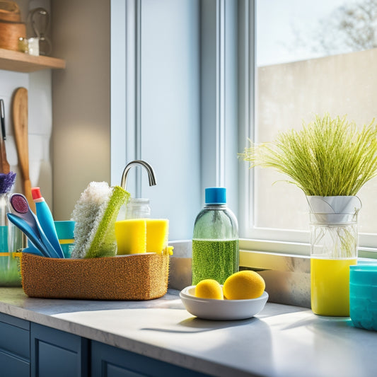 A vibrant kitchen scene featuring various stylish sink caddy organizers, showcasing colorful sponges, dish soap bottles, and scrub brushes, all neatly arranged on a clean countertop, with natural light streaming through a nearby window.