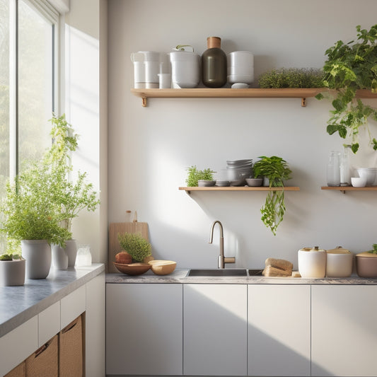A sleek, modern minimalist kitchen featuring elegant foldable shelving units, adorned with vibrant potted herbs, stylish cookware, and a clean countertop, bathed in soft natural light.