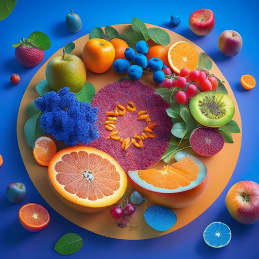 A vibrant, 3D illustration of a mind map, with colorful fruits (oranges, apples, grapes) and leaves radiating from a central hub, surrounded by swirling patterns of connections and ideas.
