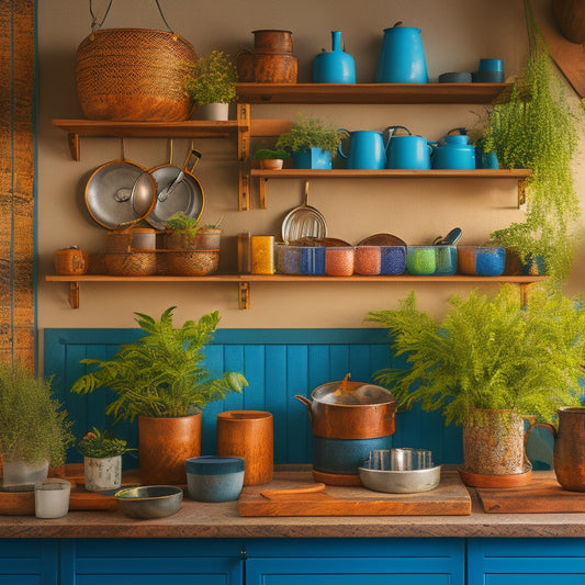 A cozy kitchen scene featuring stylish wall-mounted racks made of wood and metal, adorned with colorful mugs, herbs in pots, and kitchen utensils, surrounded by a warm, inviting ambiance with soft lighting.