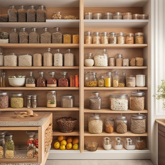 A well-organized kitchen cabinet interior showcasing tiered shelves filled with neatly arranged spices, stacked plates, and clear containers of dry goods, with a pull-out drawer displaying utensils for optimal space efficiency.