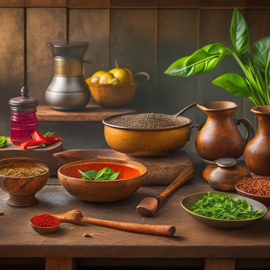 A warm, rustic kitchen scene featuring a worn wooden table, a mortar and pestle, fresh Thai basil, lemongrass, and chilies, surrounded by scattered ingredients and cooking utensils.