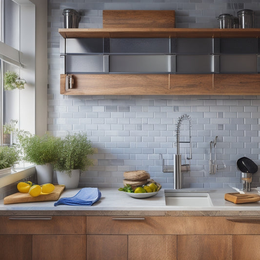 A sleek, modern kitchen featuring a polished wooden magnetic knife rack mounted on a vibrant tile backsplash, displaying an array of gleaming stainless steel knives, with soft natural light illuminating the scene.