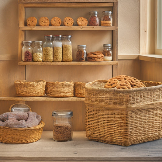 A warm-toned, overhead shot of a neatly organized cookie storage system: wooden crates, glass jars, and woven baskets filled with assorted cookies, on a rustic wooden table with a soft, creamy background.