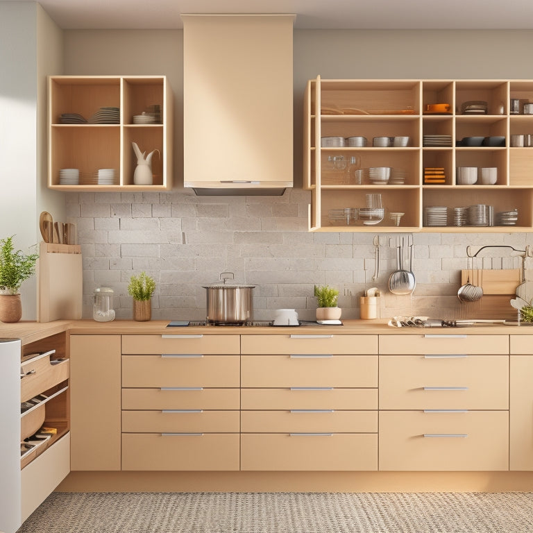 A modern kitchen with sleek, handle-less drawers in various sizes, adjustable shelves, and a rotating spice rack, surrounded by minimalistic cabinets and a neutral color palette.