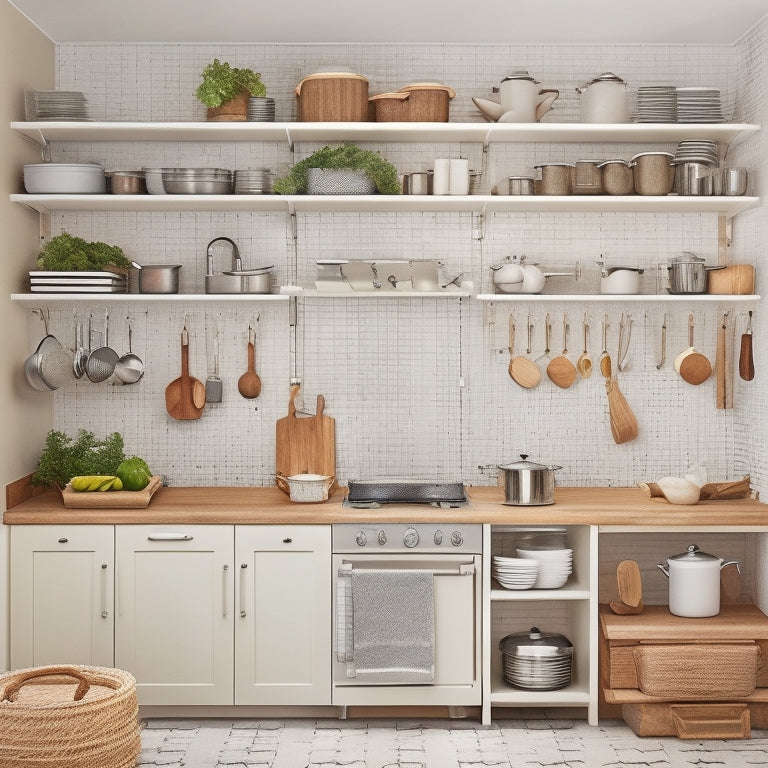 A tidy, L-shaped kitchen with cream-colored cabinets, stainless steel appliances, and a light wood countertop, featuring a pegboard with hanging pots and pans, a utensil organizer, and a stacked cookware set.