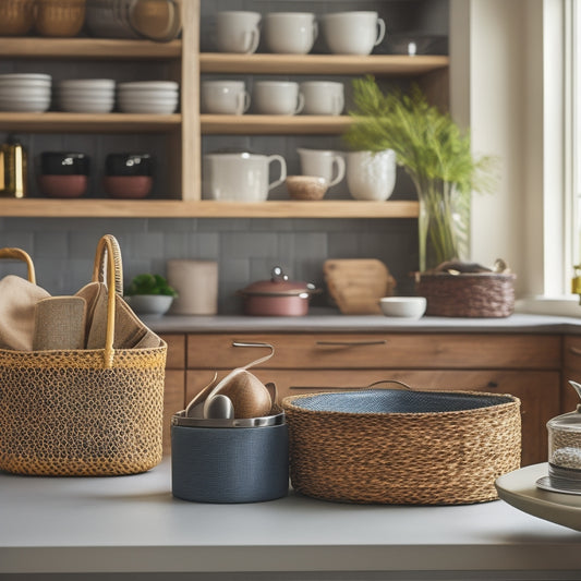 A tidy kitchen counter with a few stylish, discounted storage baskets and bins in various shapes and sizes, surrounded by a few kitchen essentials like utensils and coffee mugs.