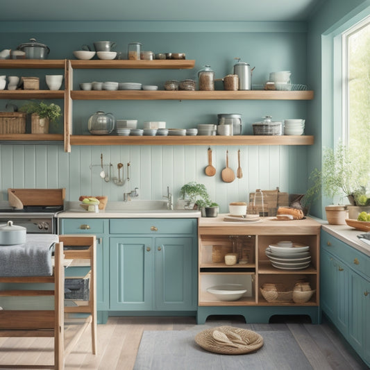 A tidy kitchen with soft, warm lighting, featuring a mix of open shelving, drawers, and cabinets in a calming color palette, with neatly organized cookware, utensils, and ingredients on display.