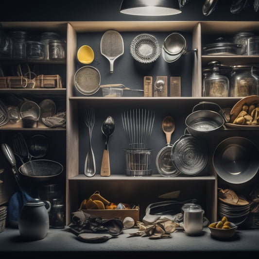 A dimly lit, cluttered kitchen utensil drawer with various shapes and sizes of utensils, with some items overlapping or tangled together, and a few mysterious shadows or silhouettes lurking in the background.