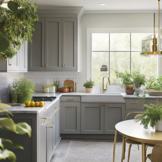 A bright, modern kitchen with refinished cabinets in a soft gray hue, adorned with sleek gold hardware, surrounded by lush green plants and a few scattered cookbooks.