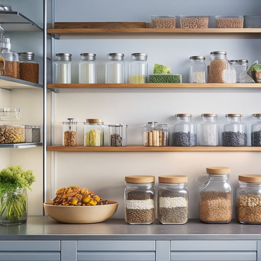 A stylized, modern kitchen with sleek countertops and light-wood cabinets, featuring a mix of transparent glass containers, stainless steel canisters, and stackable plastic bins, arranged artfully on shelves and countertops.