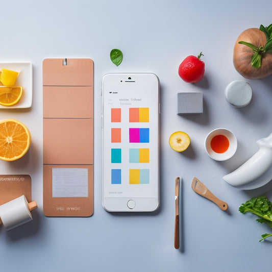 A minimalist kitchen counter with a few fresh ingredients, a smartphone displaying a meal planning app, and a few colorful sticky notes with checkboxes, surrounded by a subtle kitchen utensil pattern.