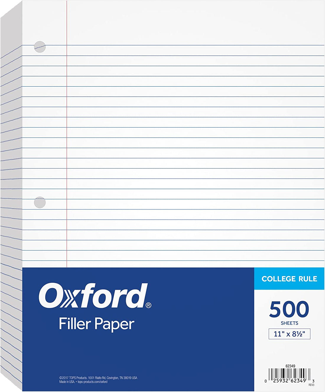 Oxford Filler Paper, 8-1/2″ x 11″, College Rule, 3-Hole Punched, Loose-Leaf Paper for 3-Ring Binders, 500 Sheets Per Pack (62349),White $19.99