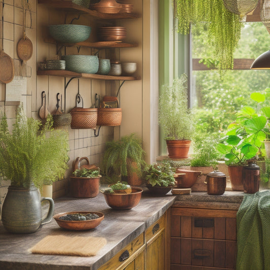 A warm, sunlit kitchen with distressed wood shelves, vintage copper pots, and a statement light fixture made from a reclaimed wooden boat, surrounded by lush greenery and colorful ceramic tiles.