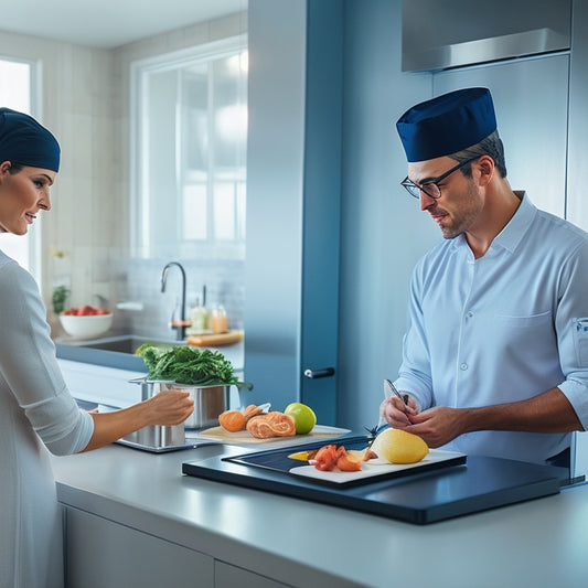 A clean, modern kitchen with stainless steel appliances, a chef in a white hat examining a clipboard, and a tablet on the counter displaying a digital inspection checklist.