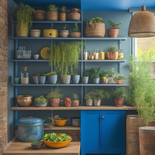 A cozy kitchen corner featuring sleek wall-mounted shelves filled with colorful jars, hanging pots, and spices, alongside a small herb garden in vibrant pots, maximizing vertical space in a charming, compact setting.