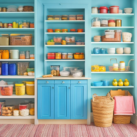 A bright, organized kitchen pantry with three shelves, each containing a different theme: a baking station with jars of flour and sugar, a snack zone with colorful bins, and a cooking essentials section with neatly stacked pots and pans.
