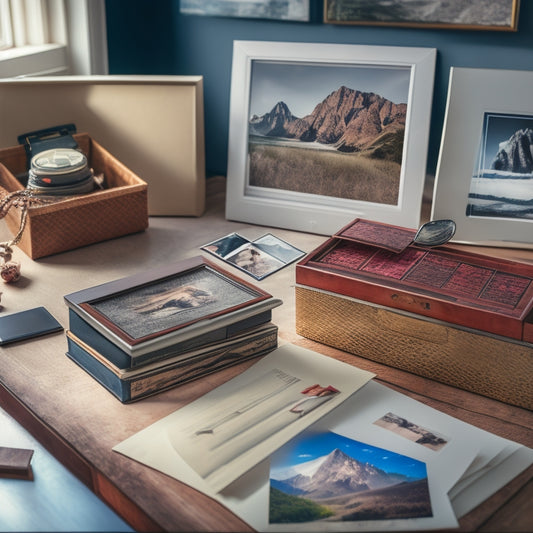 A cluttered desk with scattered photo prints, a torn album, and a broken picture frame, contrasted with a sleek, organized storage box and a few select, beautifully displayed photos.